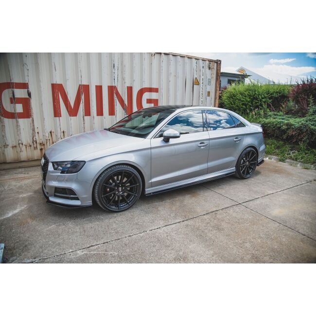 Maxton Design Seitenschweller Ansatz für V.2 / V2 für Audi S3 / A3 S-Line Limousine 8V Facelift schwarz Hochglanz