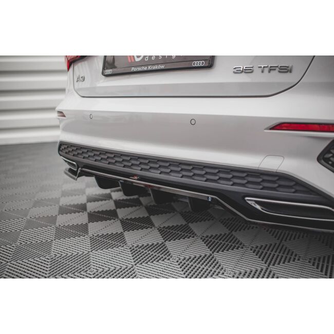 Maxton Design Mittlerer Heckdiffusor Ansatz DTM Look für Audi A3 S-Line Sportback 8Y schwarz Hochglanz